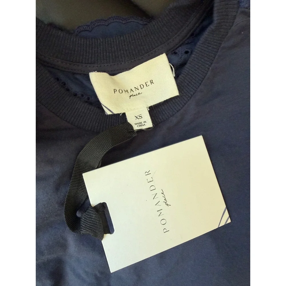 NWT Pomander Place Navy Blue Puff Sleeve Eyelet Lace Blouse Womens XS Old Money